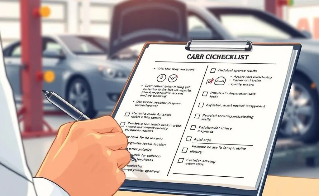 Illustration showing a checklist of important facts about a used car purchase