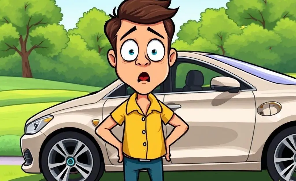 A cartoon of a man looking surprised next to his car with a golf ball dent.