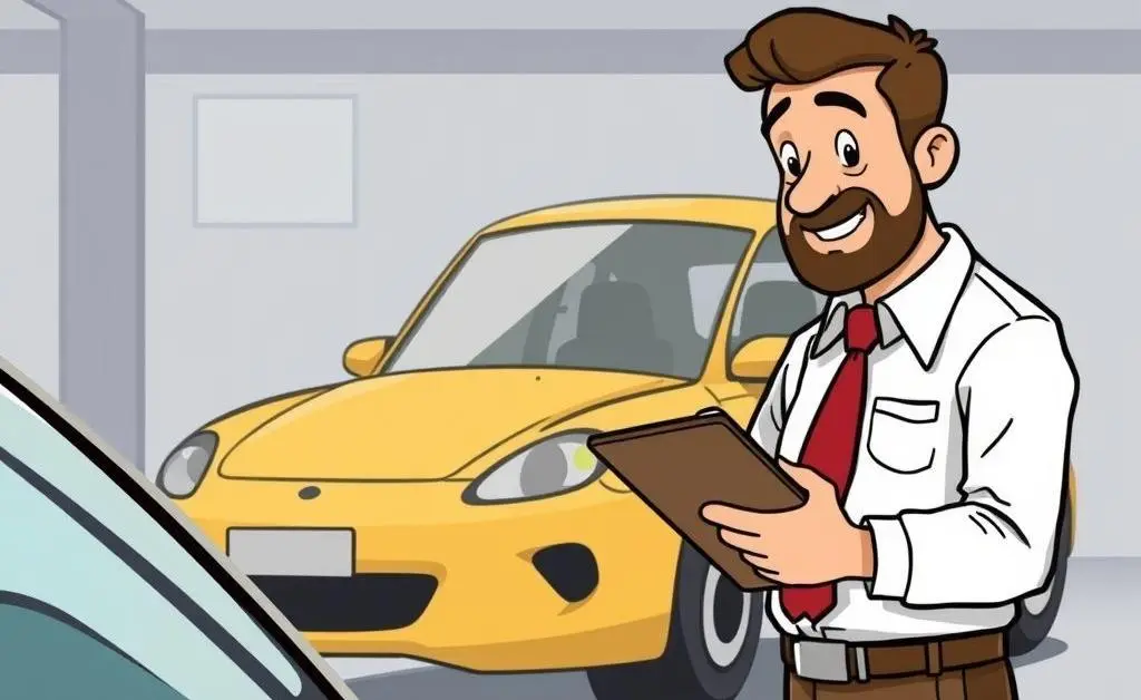 Cartoon-styled image of a professional inspecting a car with a clipboard