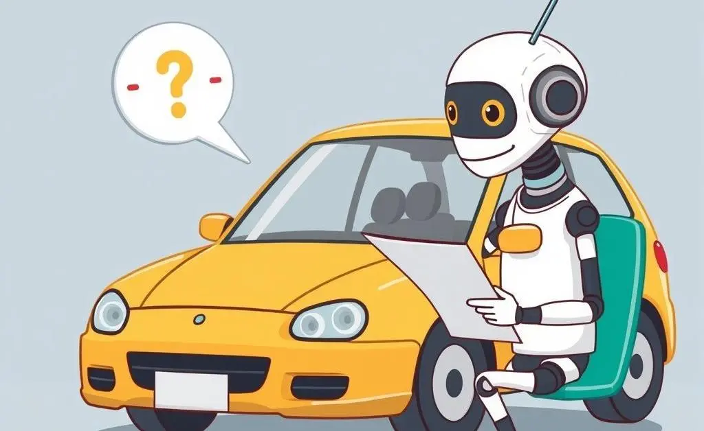 A cartoon-style illustration of AI reviewing an accident claim for car insurance.