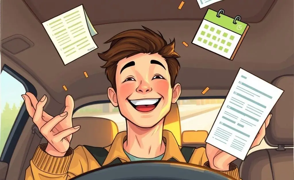 Drawing of a person in their car, juggling different aspects of life like bills, calendar events, and insurance, all while smiling.