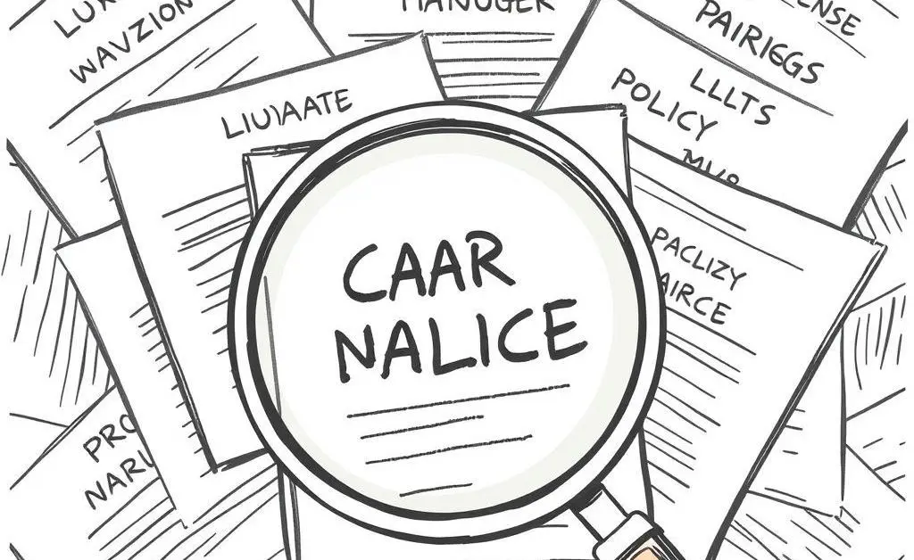 Hand-drawn illustration of multiple car insurance policy papers scattered, with a magnifying glass focusing on one.