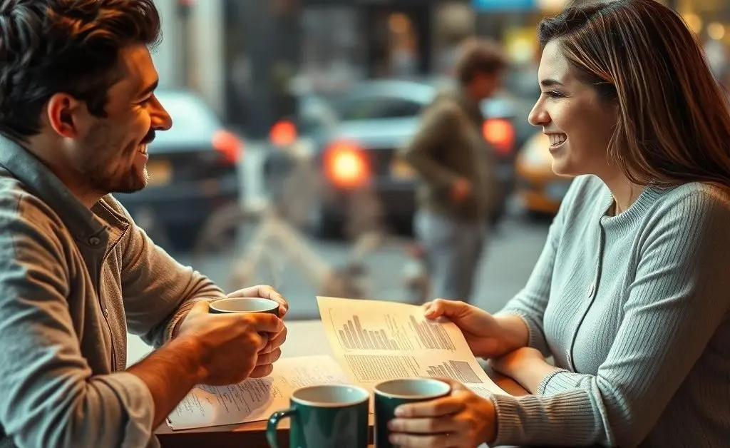 Two friends chatting over coffee with car insurance documents on the table.