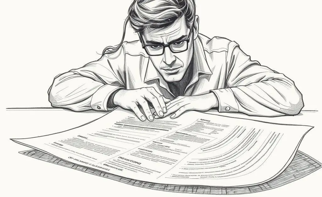 Illustration of a person reviewing car insurance details with a thoughtful expression.