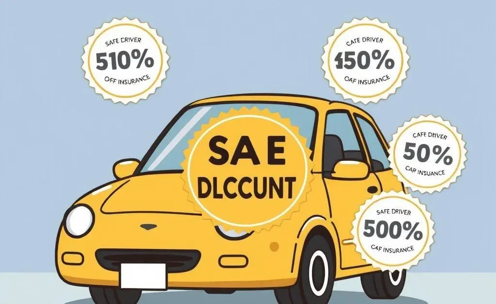 A cartoon showing multiple car insurance discounts like a safe driver discount badge.