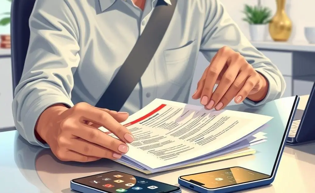 Illustration of a driver organizing car insurance papers and a phone on a table.