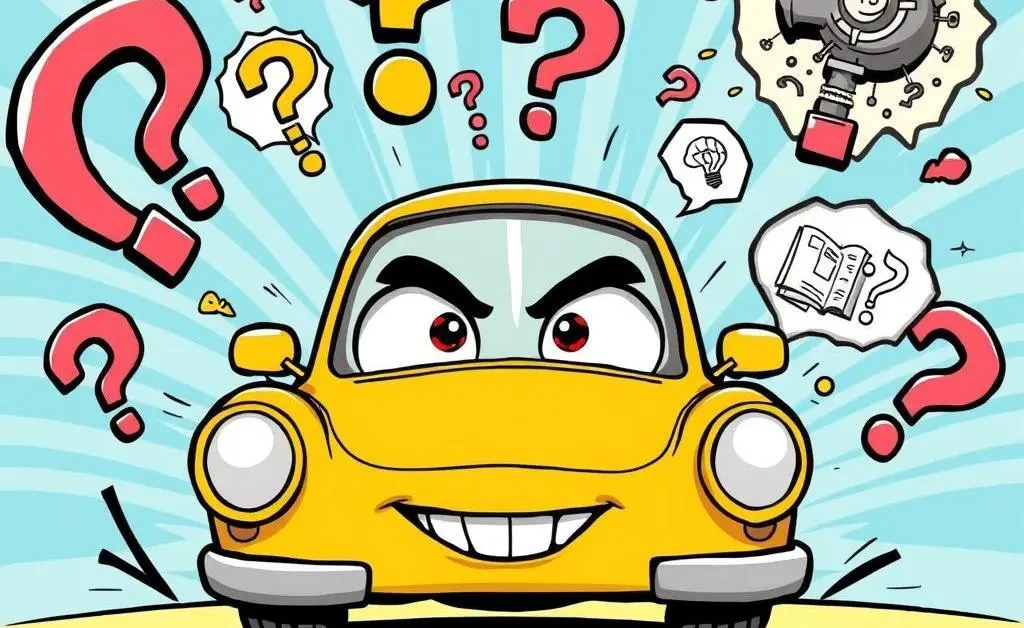 A comical cartoon showing a car surrounded by exaggerated question marks and myth bubbles.