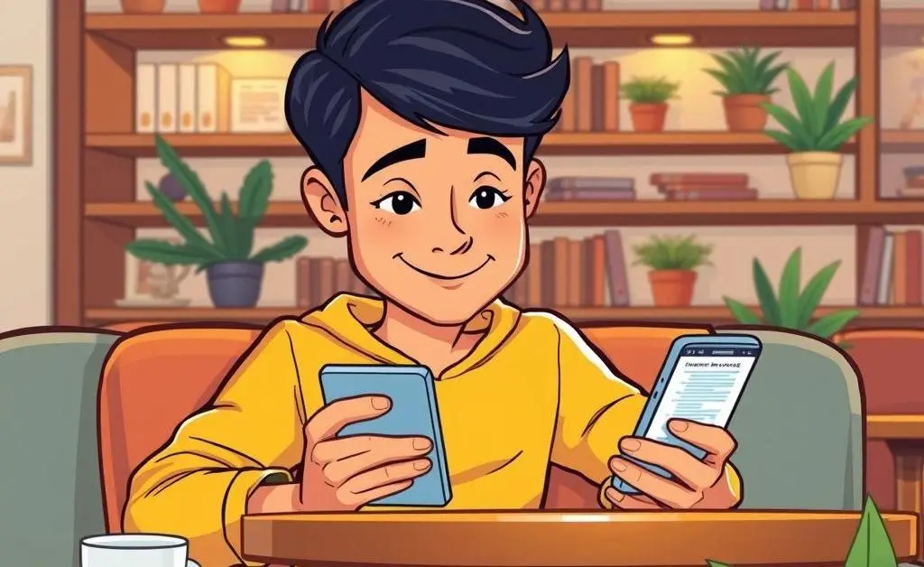 A cartoon depicting a person using their phone to check car insurance in a coffee shop