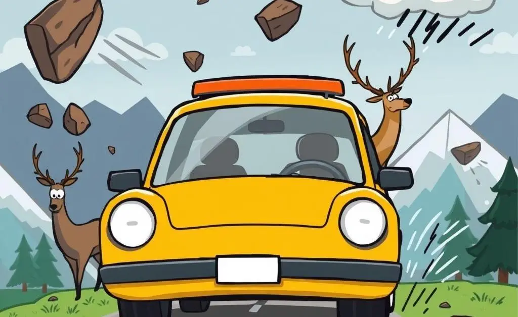 Cartoon-style image of a car on a journey surrounded by potential hazards like falling rocks, a deer, and bad weather