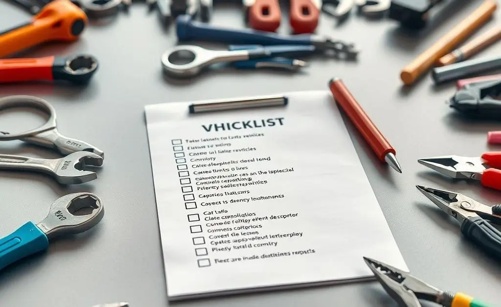 Checklist with car maintenance tasks framed by car tools