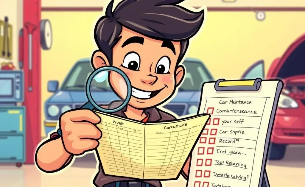 Person reviewing a car's maintenance record with a checklist beside them.