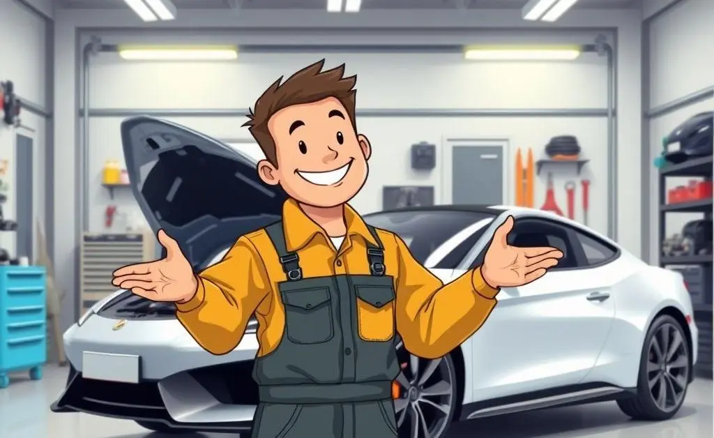 Illustration of a friendly mechanic explaining car maintenance tips