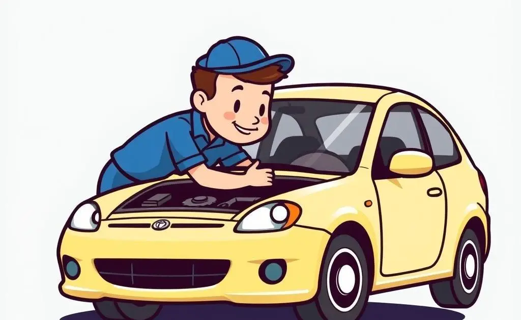A cartoon-style mechanic working on a car.