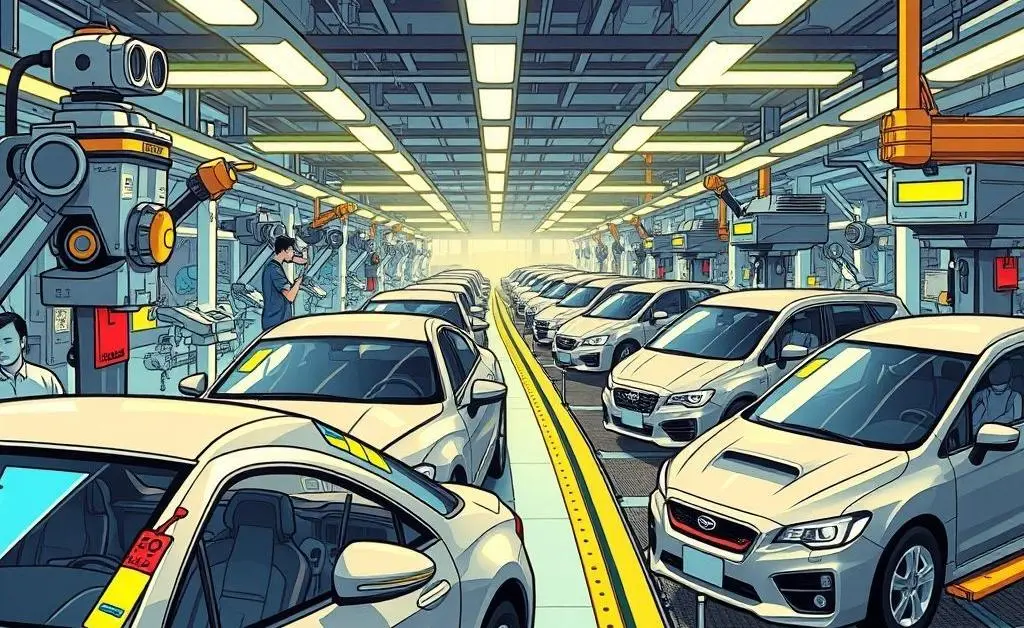 Car assembly line with price tags
