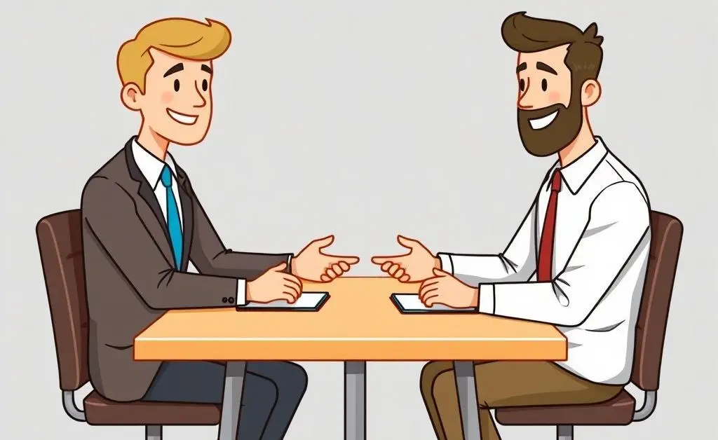 Illustration of a friendly car salesperson and buyer seated at a negotiation table.