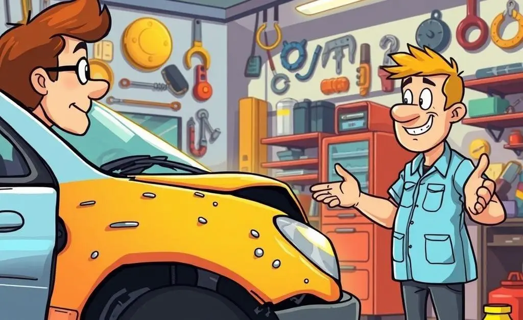 Car owner talking to a mechanic in a repair shop