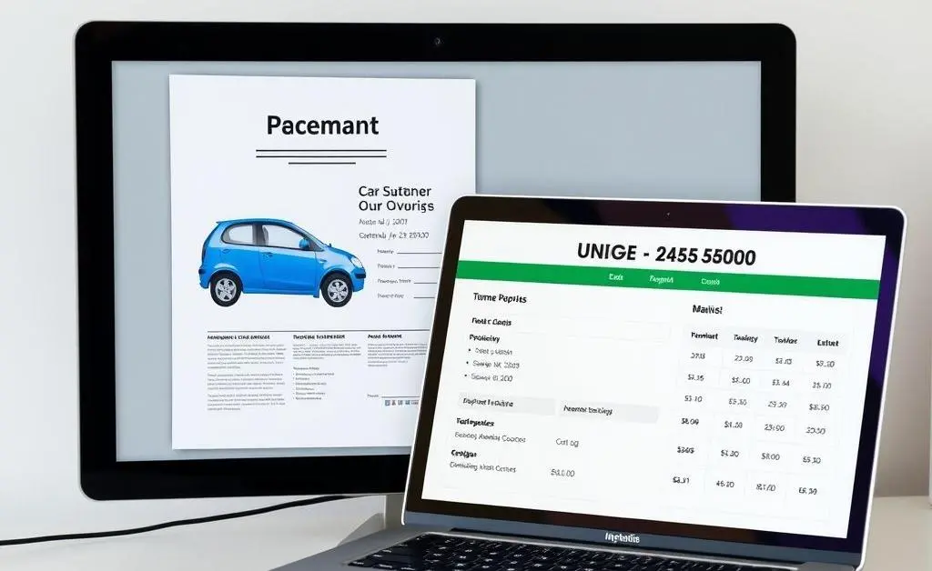 A desktop with car ownership paperwork and a laptop showing car insurance quotes