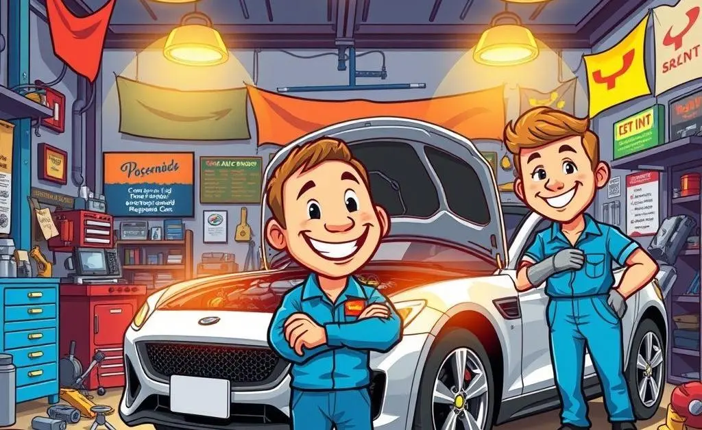 A car being repaired at a garage by a mechanic.