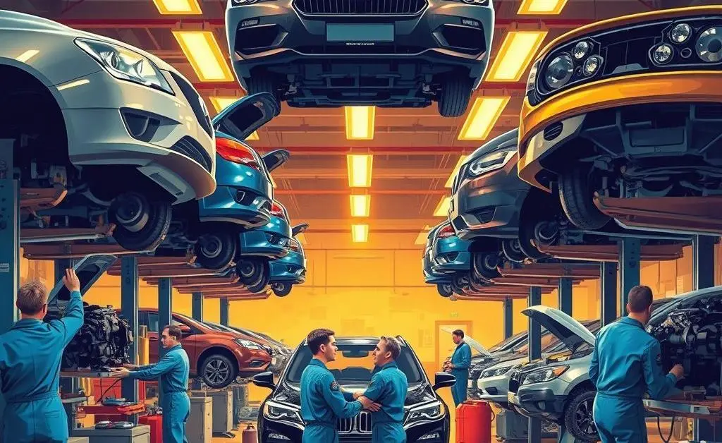 Illustration of a car repair shop with cars being repaired