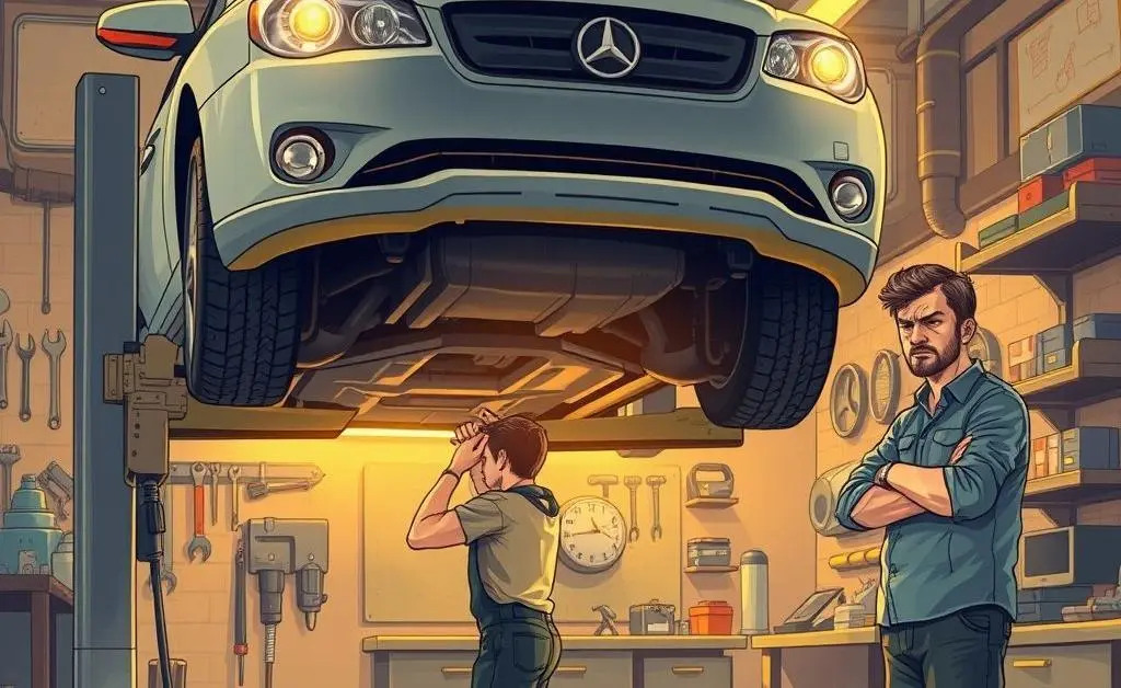 Illustration of a car being worked on in a repair shop with a worried parent in the background