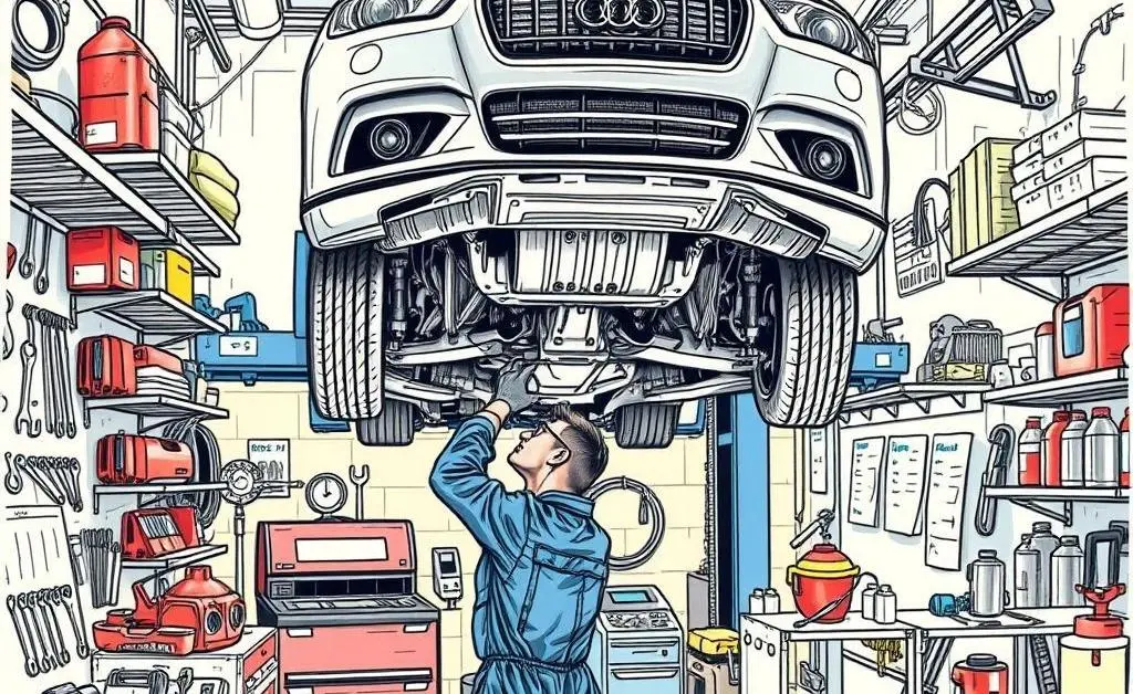 Hand-drawn image of a car being fixed at a repair shop with a mechanic and tools