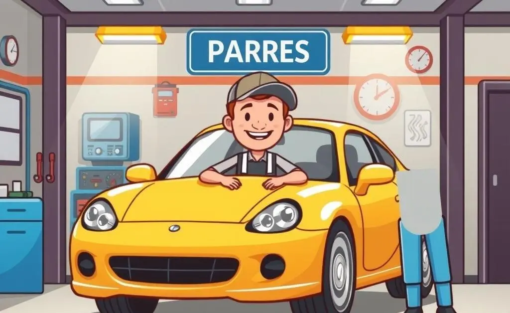 A cartoon-style image of a car repair shop with a friendly mechanic.