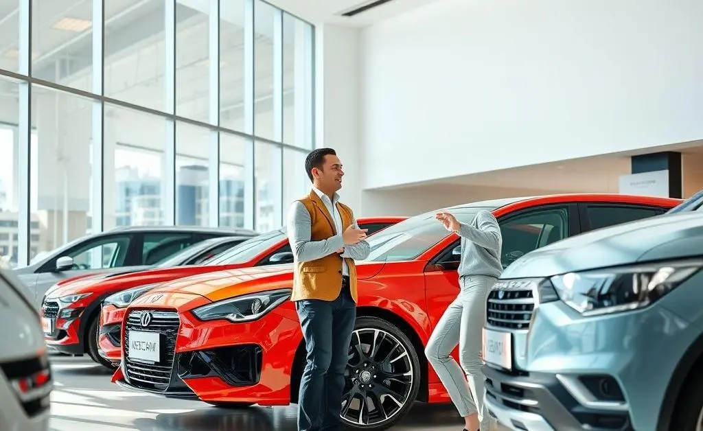 A modern car showroom with a cheerful representative and a customer looking at cars