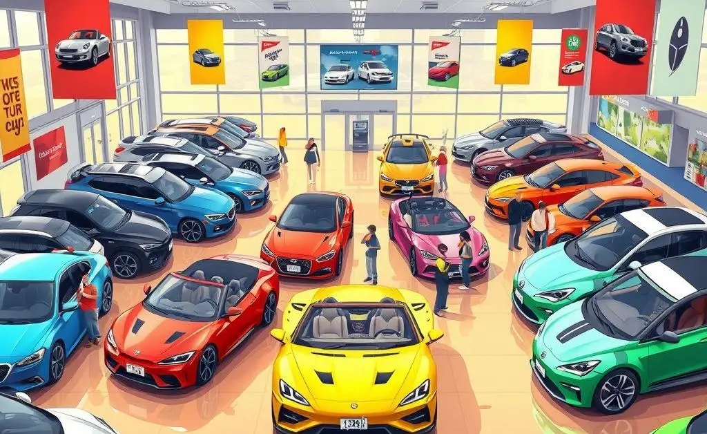 Illustration of a showroom with diverse car models on display