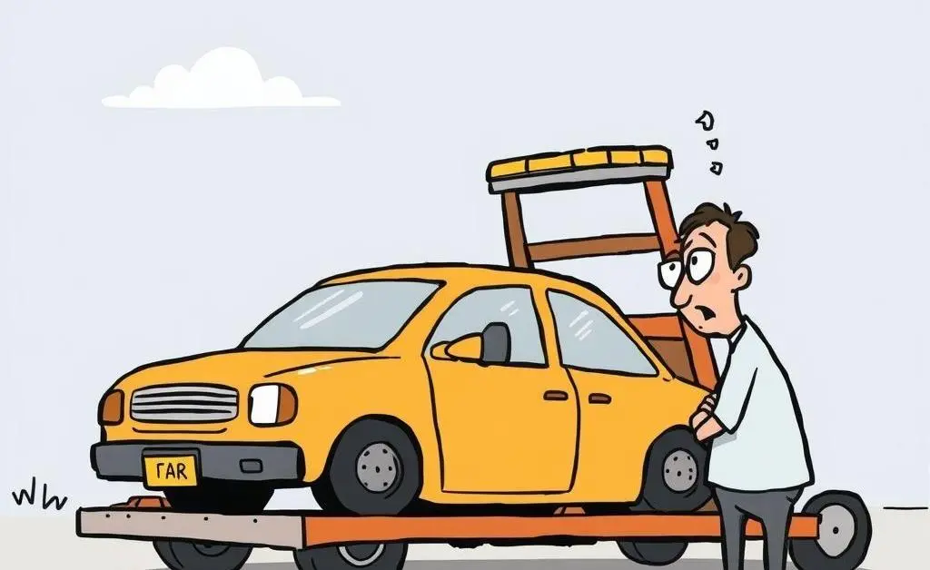 A cartoon image of a car being towed away