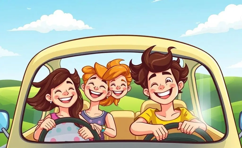 A cartoon-style image of a joyful road trip with friends in a cozy car.