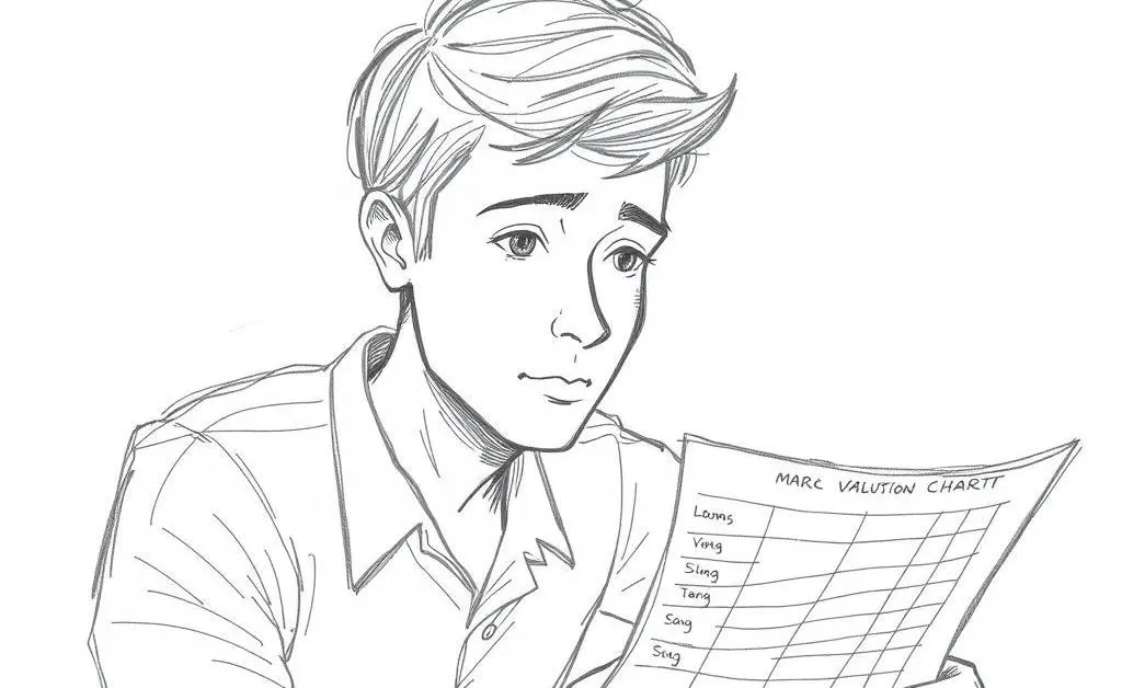 A person looking at a car value chart with a thoughtful expression