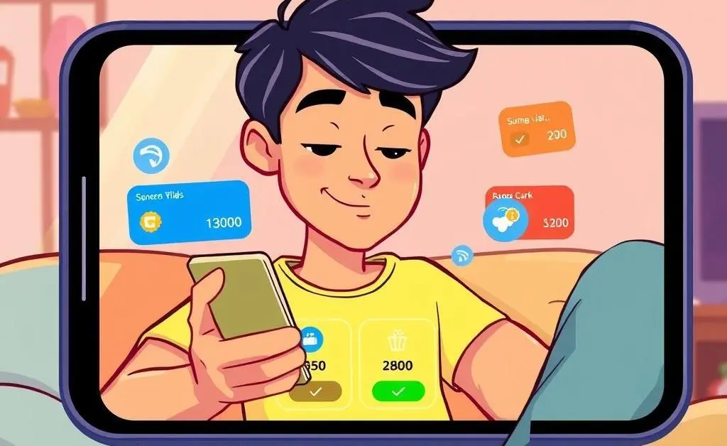 A cartoon-style image of a smartphone displaying a balance check app for prepaid cards, with a relaxed user checking it.