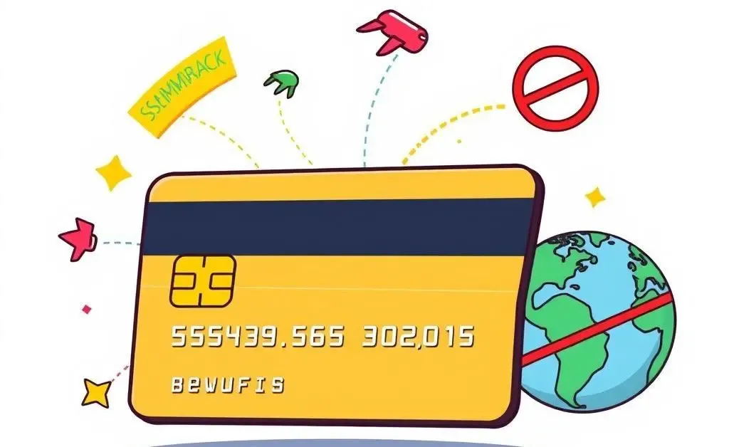 Cartoon of credit card benefits like cashback, travel miles, and no foreign fees emerging from a credit card.