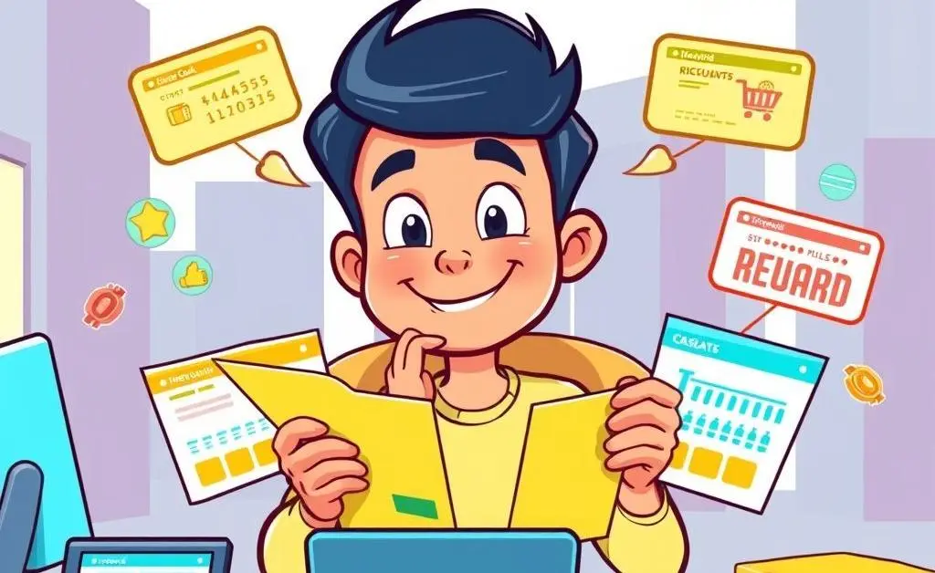 Cartoon-style image of a person comparing different credit card rewards options