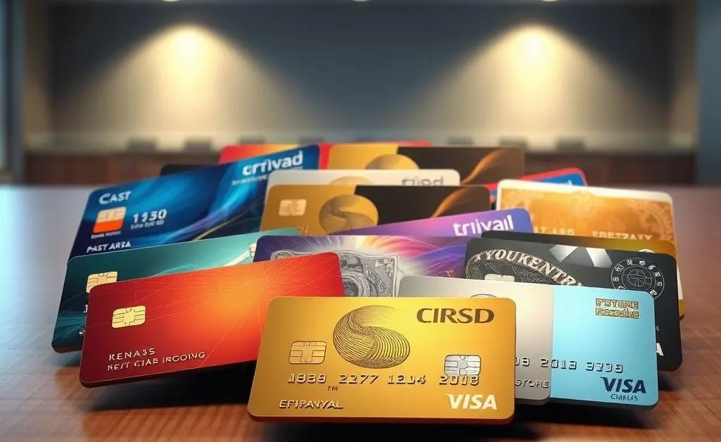 An illustration of various credit card designs on a table.