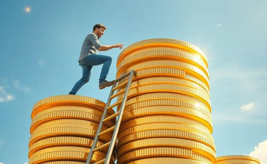 A person climbing a ladder representing career growth and financial success.