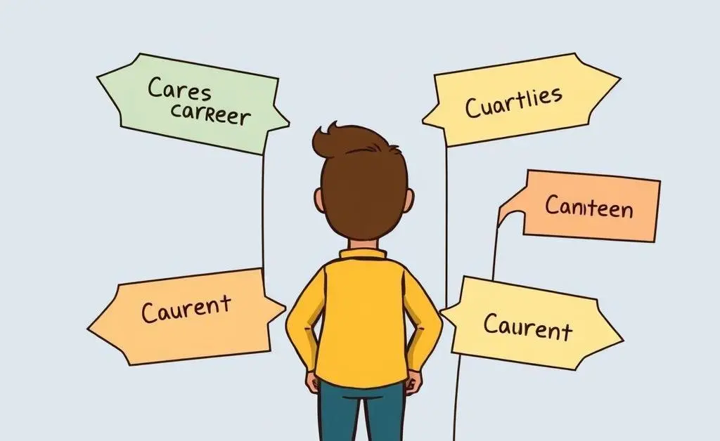 A cartoon rendering of a person standing at a crossroads with different career paths to choose from.