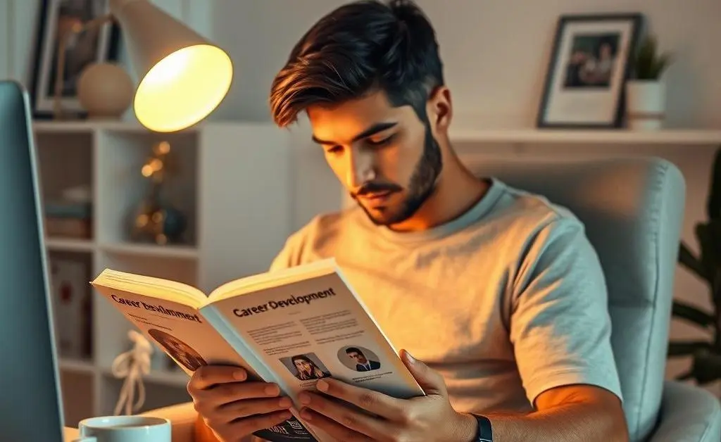 An individual sitting at a desk reading a career planning book with a coffee cup nearby.