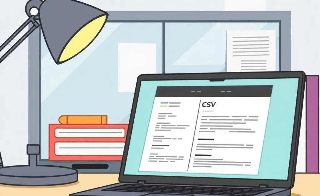 A modern, cartoon-style workspace with a laptop displaying a CV on a desk.