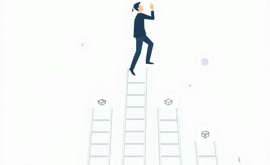 A person climbing career ladders with milestones like 'MBA'