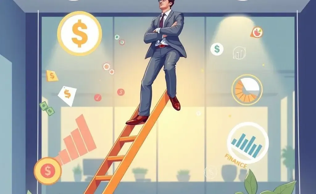 Illustration of a professional climbing a ladder symbolizing career growth, with finance-related icons around.