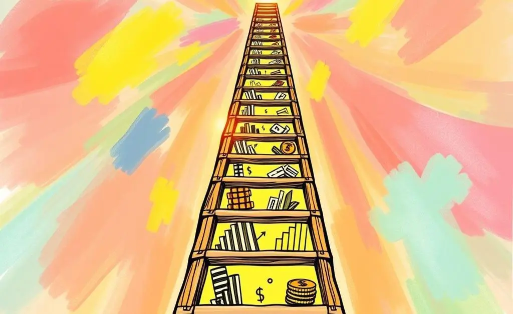 An illustrated ladder representing career growth with financial symbols.