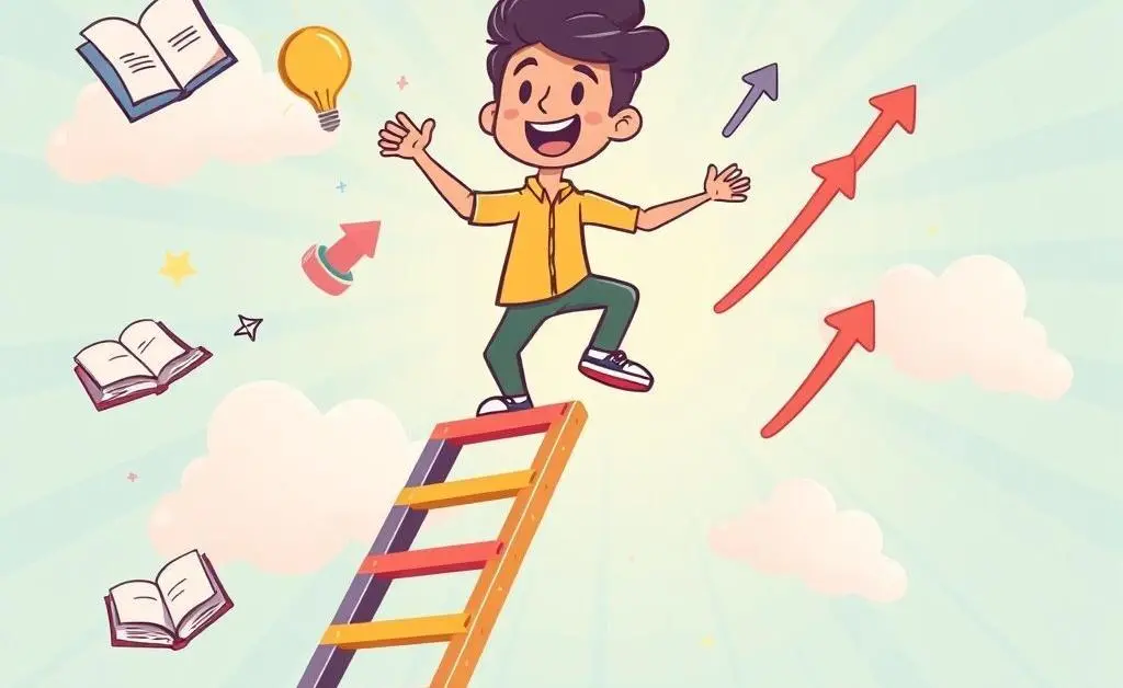 A cartoon person climbing a career ladder with symbols of learning and growth around them.