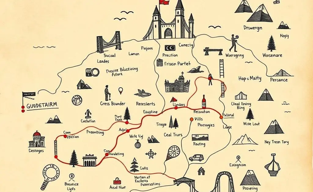 A hand-drawn map depicting a career journey with landmarks
