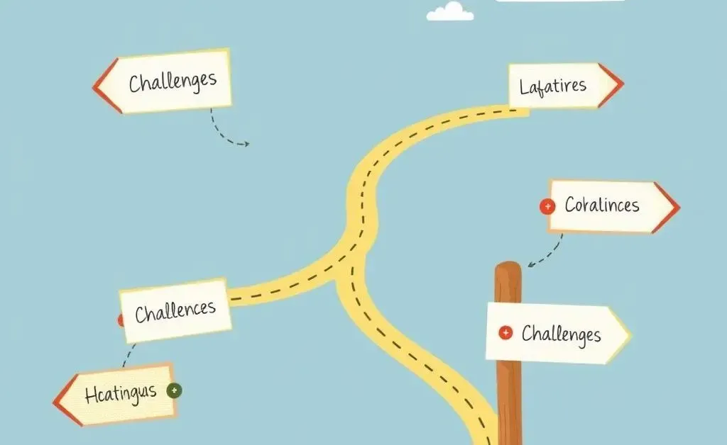 An illustration showing a journey map with signposts for challenges, goals, and achievements in career pathways.