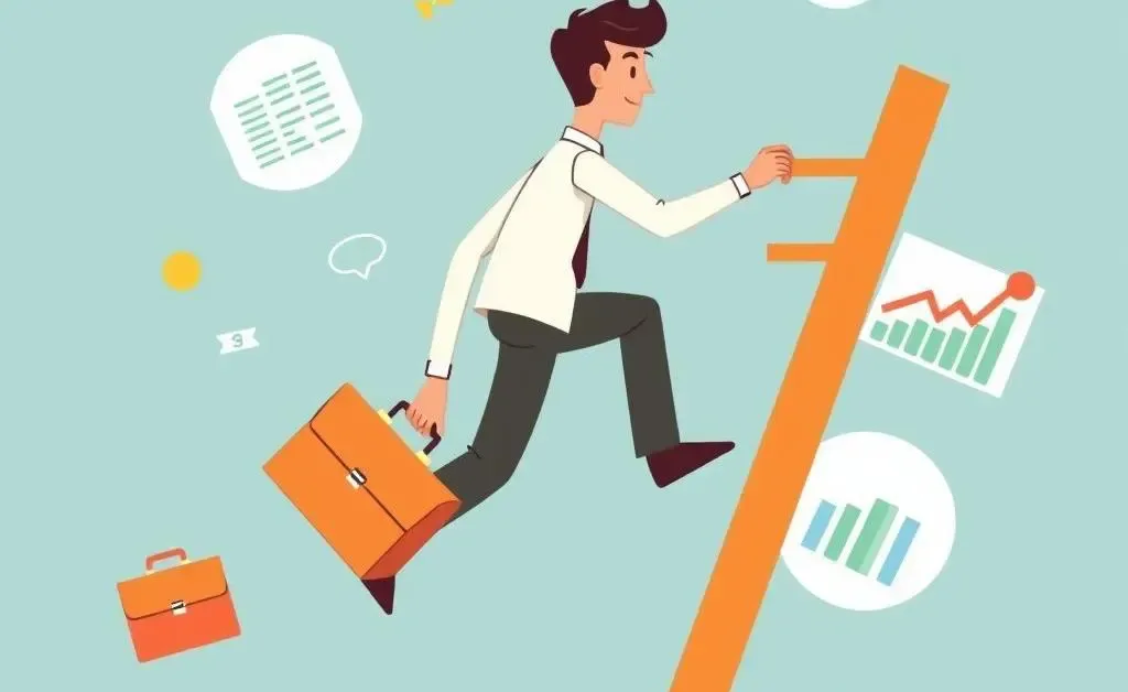 A cartoon illustration of a person climbing a career ladder.