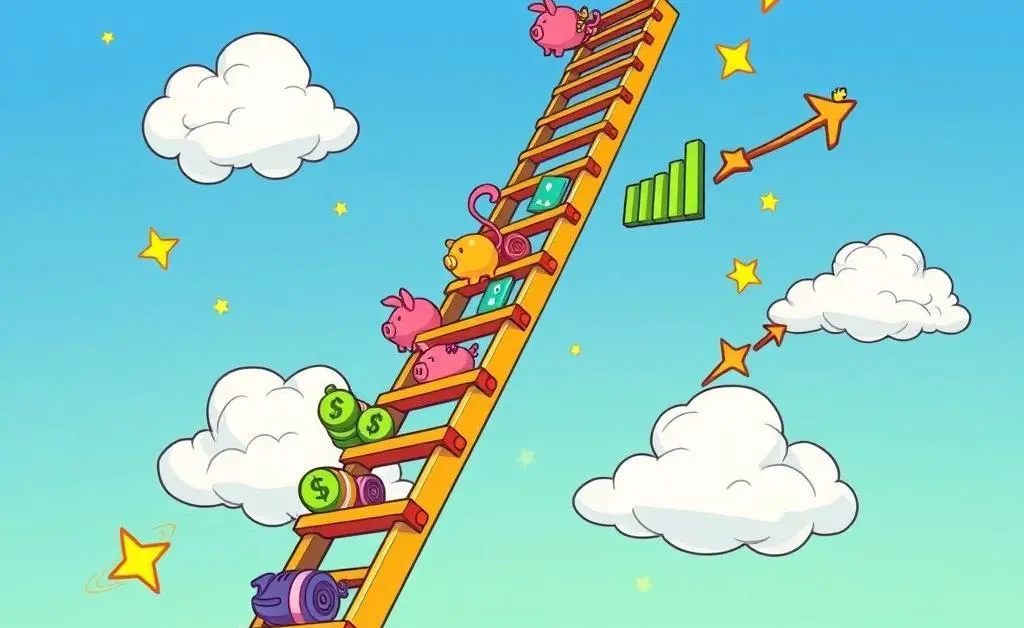 A cartoon-style career ladder with various financial symbols on each rung.