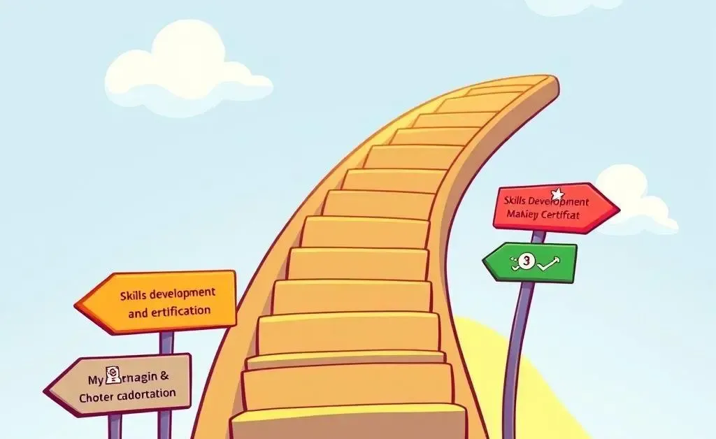 A cartoon-style image of a ladder leading upwards, with signs indicating career growth stages in insurance.