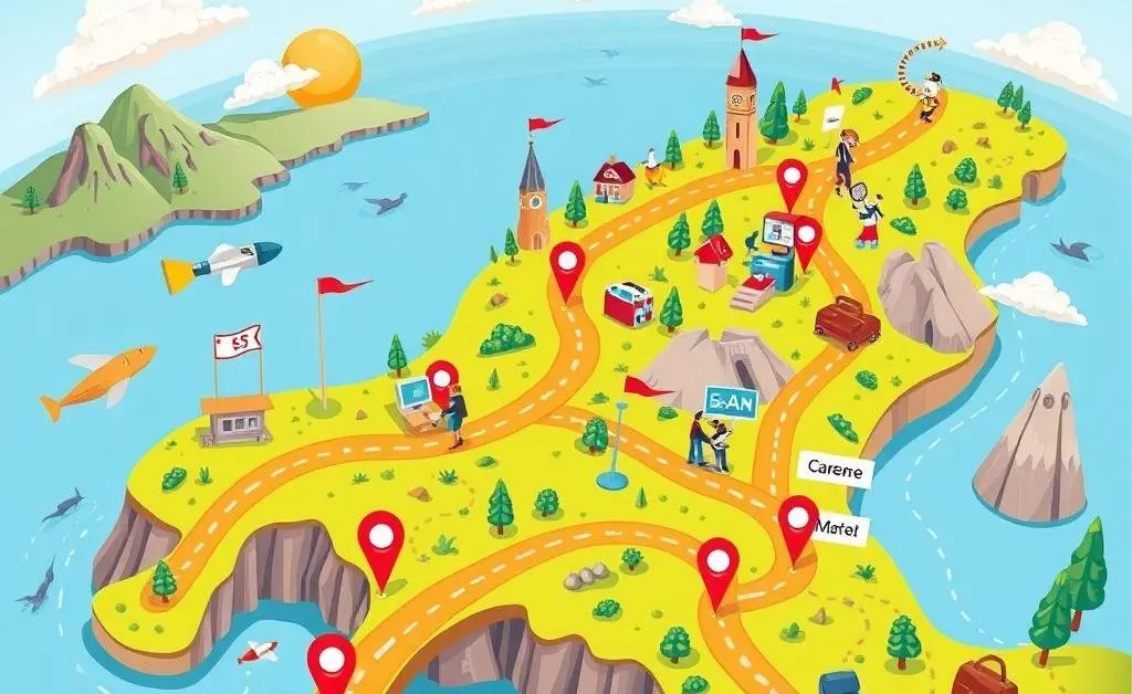 A cartoon-style map illustrating various career paths with milestones