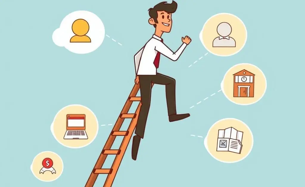 Cartoon-style image of a person climbing a metaphorical ladder with career opportunities depicted around.